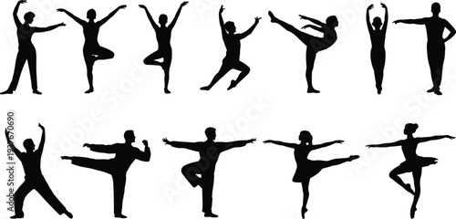 Silhouette ballet dancers in classical poses, pirouettes, arabesques, elegant dance illustration, cultural art, graceful movement, ballet performance silhouettes