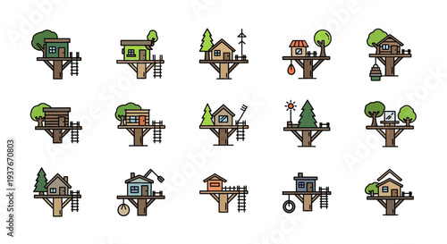 Collection of Colorful Treehouse Icons on White Background.