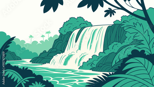 A serene pixel art waterfall in a lush green forest Vector