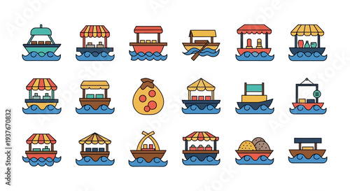 Collection of Floating Market Stalls and Boats.