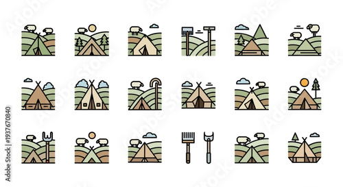 Collection of Hand-Drawn Camping and Outdoor Adventure Icons.