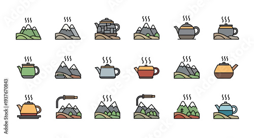 Collection of Hot Tea Kettles and Steaming Mountains Icons.