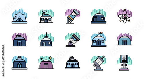 Collection of icons representing various structures and scientific concepts under the aurora borealis.