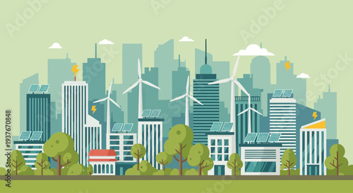 Eco-friendly city skyline with wind turbines and solar panels, sustainable urban development concept