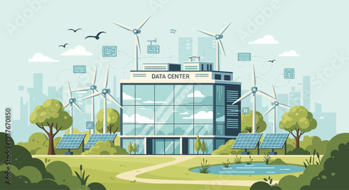 Eco-friendly data center with wind turbines and solar panels, sustainable technology concept