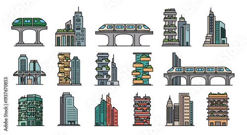 Collection of Futuristic City Buildings and Transportation Systems.