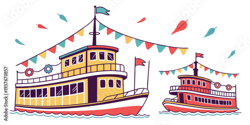 Two boats with flags and bunting are shown Vector