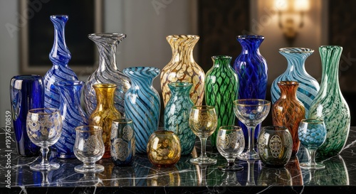 A collection of vibrant and intricate glass vases, each showcasing a unique design and color scheme, arranged on a black marble table against a backdrop of a softly lit room.