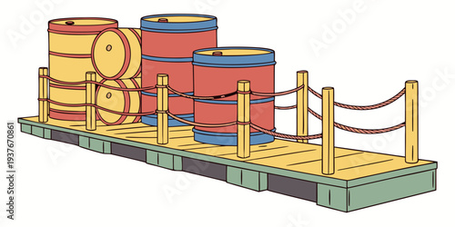 A cartoon image of a platform with barrels and a fence Vector