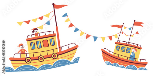 Two yellow boats with colorful flags on the water Vector