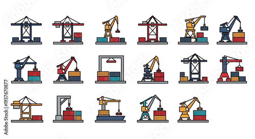 Collection of Industrial Port Cranes and Cargo Containers.