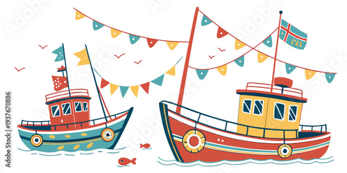 Two boats with a string of triangular flags Vector
