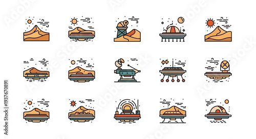 Collection of Space Exploration and Alien Planet Icons.