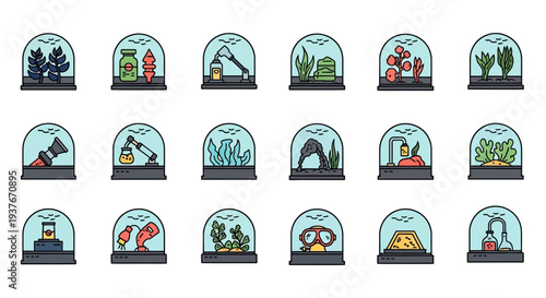 Collection of Icons Representing Scientific Research and Nature Exploration.