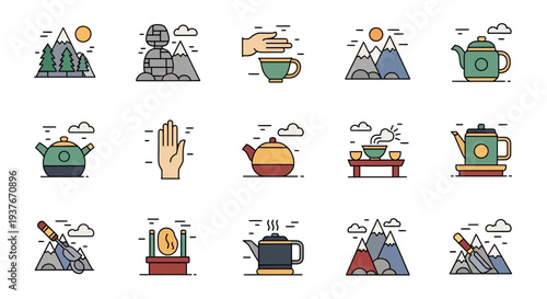 Collection of Icons Representing Tea Ceremony and Nature Elements.