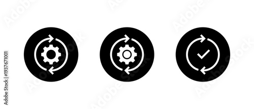 Sync process icon set in black circle. System update symbol. Workflow automation sign
