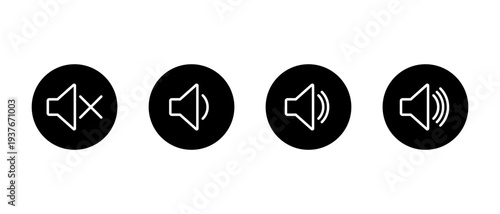Speaker volume icon set in black circle. Mute to high sound symbol. Audio level sign