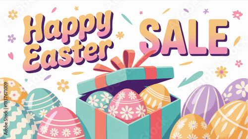 Colorful easter eggs in a gift box with happy easter sale text on white background with confetti