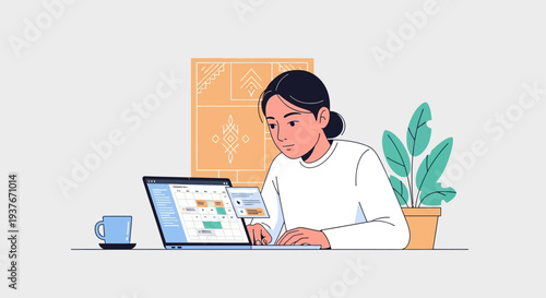 Focused woman working on laptop with coffee and plant, modern home office setup