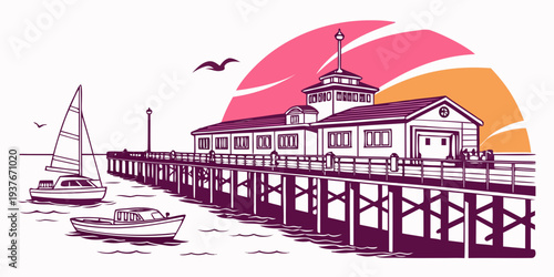 A pier with a building and a boat in the water Vector