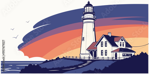 A white lighthouse on a hill near the ocean at sunset Vector
