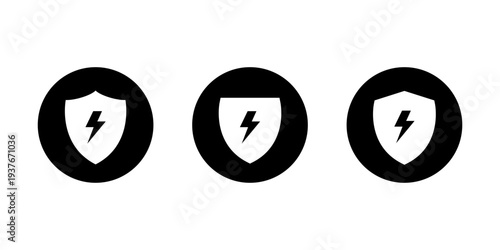 Shield lightning bolt icon set. Energy protection symbol in black circle