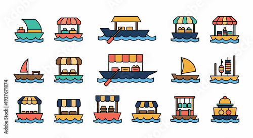Floating Market Stalls and Boats Collection Vector Illustration.