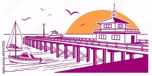 A purple and orange illustration of a pier at sunset Vector