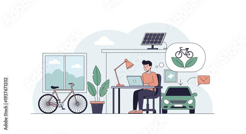 Man working at desk with electric car and bicycle, eco-friendly lifestyle concept