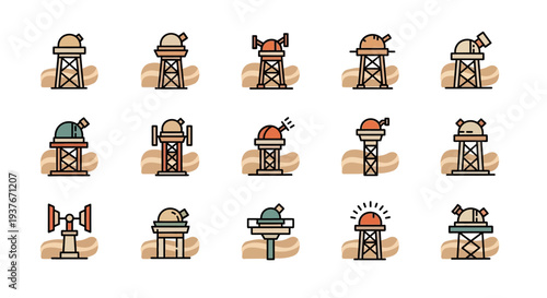 Set of 15 Colorful Weather Station Icons with Various Antennas and Designs.