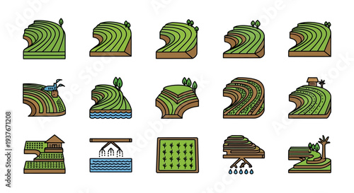 Set of Agricultural Icons Representing Farming and Cultivation Techniques.