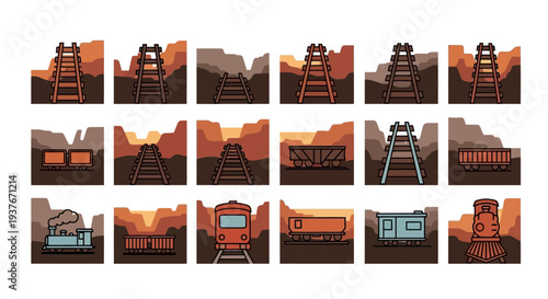 Set of railway tracks and train cars in a desert landscape at sunset, featuring various perspectives and elements.