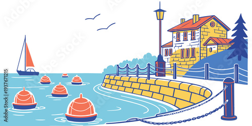 A colorful pixel art scene of a seaside village Vector