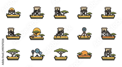 Set of safari watchtower and tree icons.