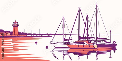 A purple and orange image of a boat docked near a lighthouse Vector