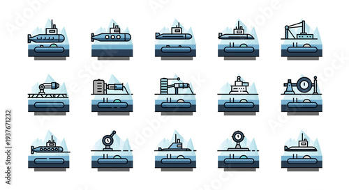Set of various submarine and underwater vehicle icons with detailed designs.