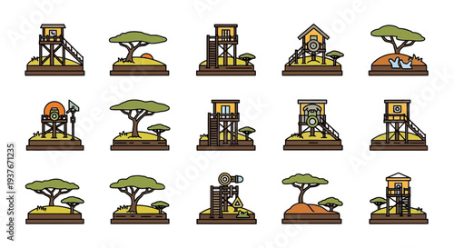 Set of Treehouse and Playground Icons in Cartoon Style.