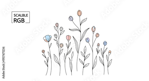 Minimalist hand-drawn floral illustration with pastel colors on white background
