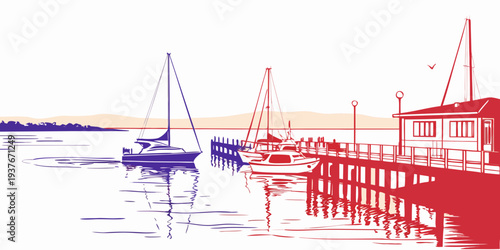 A red and blue image of a dock with boats Vector