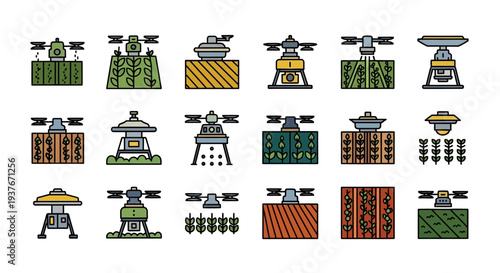 Smart Farming Drones Technology Icons Set Agriculture Innovation.