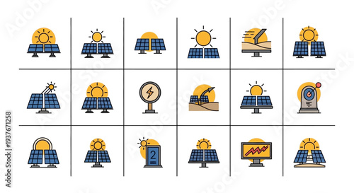 Solar Energy Technology Icons Set Renewable Power Generation.