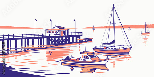 A purple and orange image of boats on a pier Vector