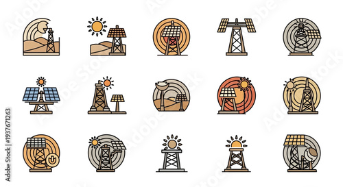 Solar energy power generation icons set renewable electricity concept.