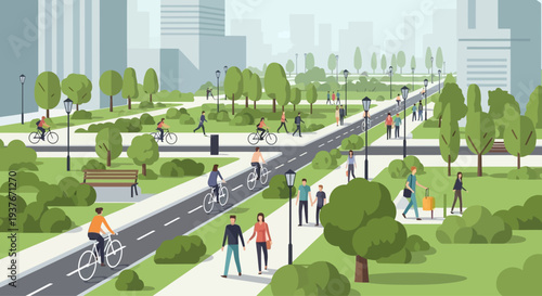 People cycling and walking in a modern city park with green trees and buildings