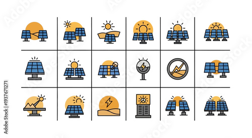 Solar Panel Icons Set Renewable Energy Technology Vector Illustration.