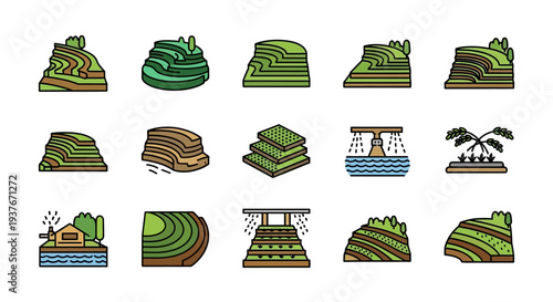 Terraced Fields and Agricultural Landscapes Icon Set.