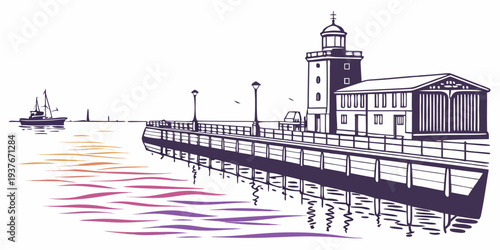 A pier with a tower and a boat in the water Vector