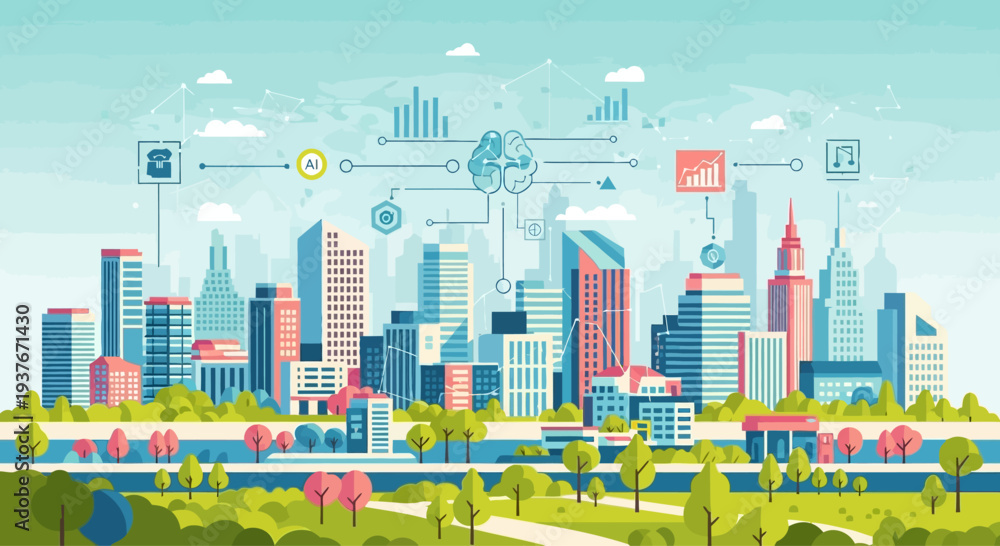 Obraz premium Smart City with AI and Data Analytics, Futuristic Urban Landscape