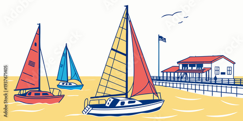 Sailboats are moored near a pier by the beach Vector