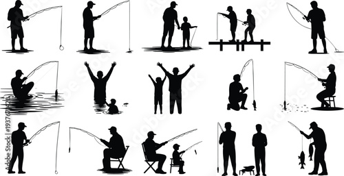 Silhouette fishing scenes, recreational activity, family fishing, shore angling, dock fishing, outdoor lifestyle, pet companion, catch fish art, leisure design